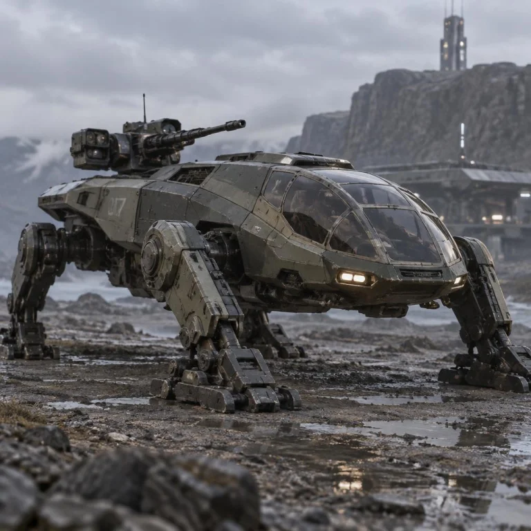 A Sci Fi Mech Walker, Low Body, Hull Shaped Like Helicopter...