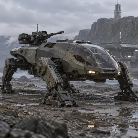 A Sci Fi Mech Walker, Low Body, Hull Shaped Like Helicopter... — Stable Diffusion AI Prompt: A sci fi mech walker, low body, hull shaped like helicopter cockpit, low profile...