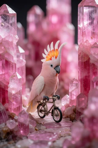 A Breathtaking Macro Photograph Of A Cute Real Pink Cockatoo... — Stable Diffusion AI Prompt: A breathtaking macro photograph of a cute real pink cockatoo riding a tiny bicyc...