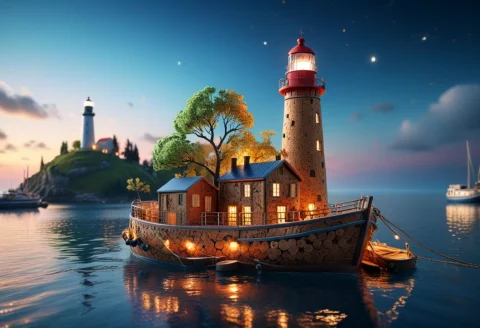 Corkworld, Boats Made Of Cork, Lighthouse Made Of Cork, Sea,... — SDXL AI Prompt: corkworld, Boats made of cork, (lighthouse made of cork), sea, neon lights, glow...