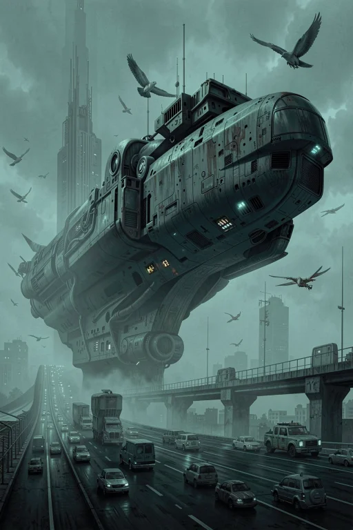 A Large Spaceship Is Positioned Above A City Highway With Ve...