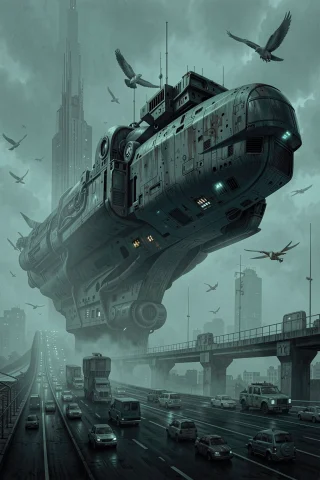 A Large Spaceship Is Positioned Above A City Highway With Ve... — FLUX AI Prompt: A large spaceship is positioned above a city highway with vehicles driving below...