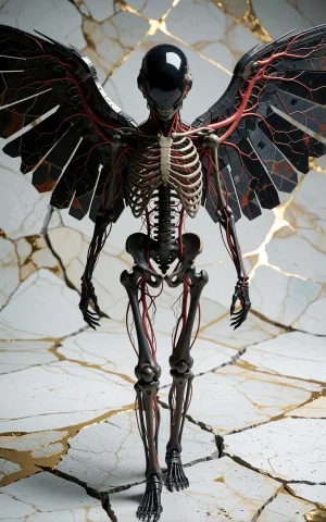 A Skeletal Humanoid Figure With A Glossy Black, Helmeted Hea... — Stable Diffusion AI Prompt: A skeletal humanoid figure with a glossy black, helmeted head stands with wings...