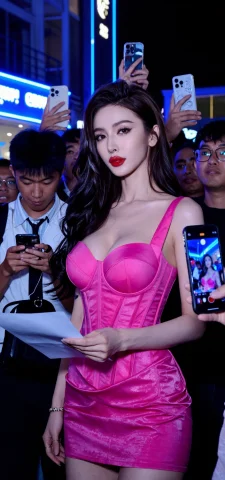 在夜晚户外灯光璀璨的活动现场，一位身着亮粉色无袖超深V超低胸... — Stable Diffusion AI Prompt: 在夜晚户外灯光璀璨的活动现场，一位身着亮粉色无袖超深V超低胸紧身超短连衣裙的年轻...