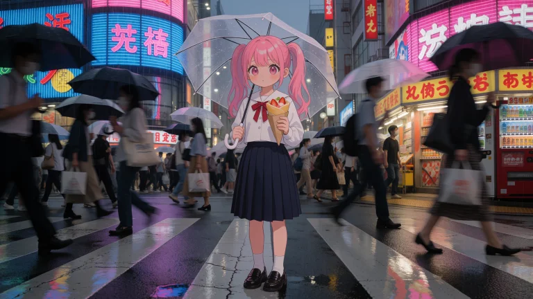 A Young Girl With Oversized, Glossy Eyes And Vibrant Pink Ha...
