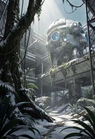A Jungle Reclaiming The Ruins Of A Space Colony, Spotlight,... — Stable Diffusion AI Prompt: a jungle reclaiming the ruins of a space colony, spotlight, close-up, wintry coo...