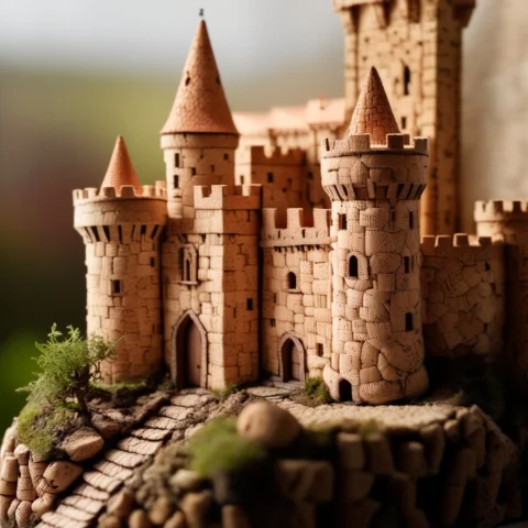 A Detailed Miniature Landscape Of A Fantasy Medieval Castle... — SDXL AI Prompt: A detailed miniature landscape of a fantasy medieval castle completely made of c...
