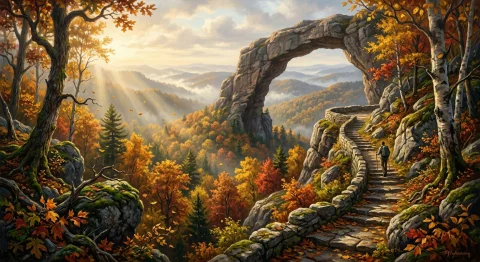 A Cinematic Painterly Landscape Of An Ancient Mountain Fores... — Stable Diffusion AI Prompt: A cinematic painterly landscape of an ancient mountain forest in peak autumn, wh...