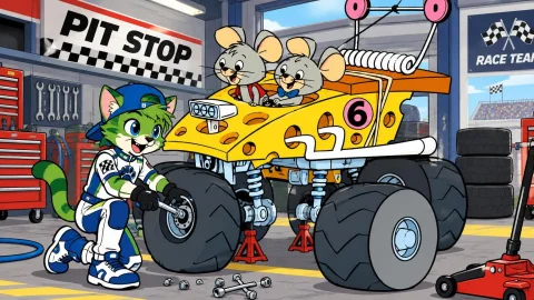 2d Art Style, Pit Stop Garage Background, Young Boy Cat Kibi... — Stable Diffusion AI Prompt: 2D Art Style, Pit Stop Garage Background, Young Boy Cat Kibia Tabby Cat Furry An...
