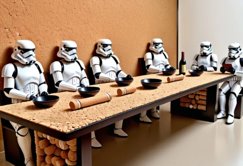 Corkworld, Last Supper Parody, Stormtroopers Sitting At A Co... — SDXL AI Prompt: corkworld, Last Supper parody, Stormtroopers sitting at a cork board table, eati...