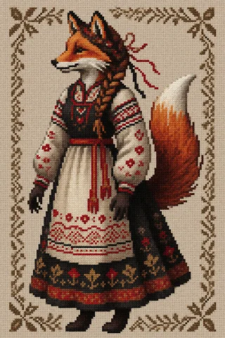 Cross-stitch Embroidery Style. An Anthropomorphic Fox Woman... — Stable Diffusion AI Prompt: Cross-stitch embroidery style. An anthropomorphic fox woman depicted entirely in...