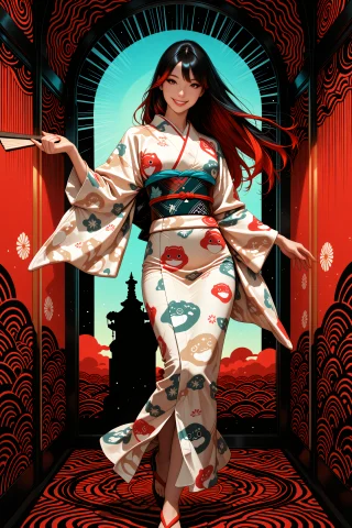 Noodill. A Retro-futuristic Illustration Depicts An Adult Ja... — Stable Diffusion AI Prompt: noodill. A retro-futuristic illustration depicts an adult Japanese woman in an e...