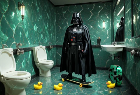An Absurd Miniature Skateboard Race Through A Luxurious Dark... — Stable Diffusion AI Prompt: An absurd miniature skateboard race through a luxurious dark bathroom: a helmete...