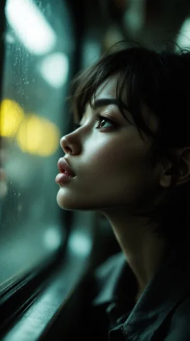 Zidiusart, An Emotional Side Profile Of A Short-haired Woman... — Stable Diffusion AI Prompt: zidiusArt, An emotional side profile of a short-haired woman looking out from a...