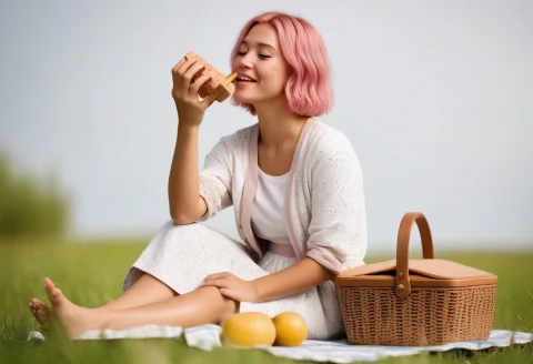 A Picnic In A Meadow Where The Blanket, Basket, Food And Win... — SDXL AI Prompt: a picnic in a meadow where the blanket, basket, food and wine bottle are made of...