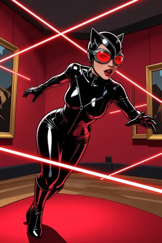 Catwoman Slipping Through An Art Museum Laser Grid, Goggles... — Stable Diffusion AI Prompt: Catwoman slipping through an art museum laser grid, goggles down, red lenses glo...