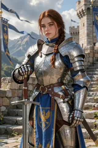 She Is Standing Proudly With A Longsword Resting Point-down... — Stable Diffusion AI Prompt: She is standing proudly with a longsword resting point-down before her, one hand...