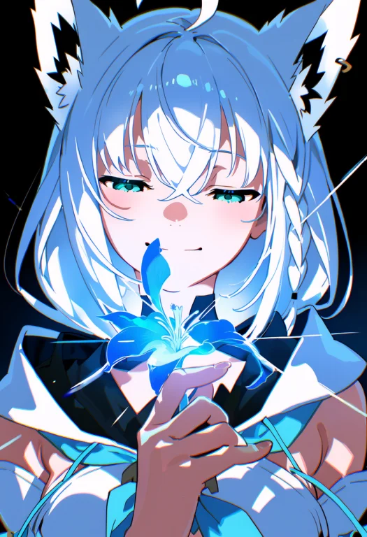 1girl, Smile, Shirakami Fubuki, Upper Body, Hand Up, Looking...