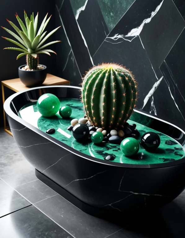 A Monumental Jade-green Cactus Reclines In A Polished Obsidi...