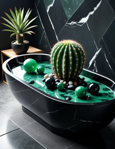 A Monumental Jade-green Cactus Reclines In A Polished Obsidi... — SDXL AI Prompt: A monumental jade-green cactus reclines in a polished obsidian bathtub, surround...