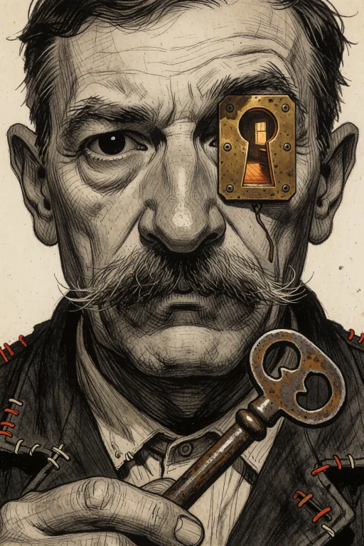 Close Portrait Of An Eccentric Adult Locksmith, Face Occupyi...