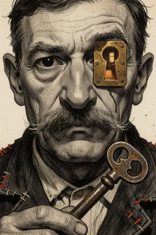 Close Portrait Of An Eccentric Adult Locksmith, Face Occupyi... — Stable Diffusion AI Prompt: Close portrait of an eccentric adult locksmith, face occupying most of the verti...