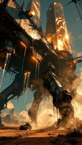 A Cinematic Extreme Wide Shot Of A Colossal Machine-city Wal... — Stable Diffusion AI Prompt: A cinematic extreme wide shot of a colossal machine-city walking across a barren...