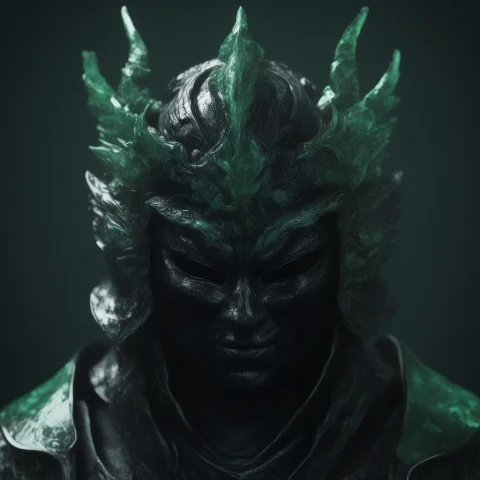 Prompt Close-up Of A Samurai Helmet Carved From Dark Obsidia... — SDXL AI Prompt: Prompt: Close-up of a samurai helmet carved from dark obsidian and translucent j...