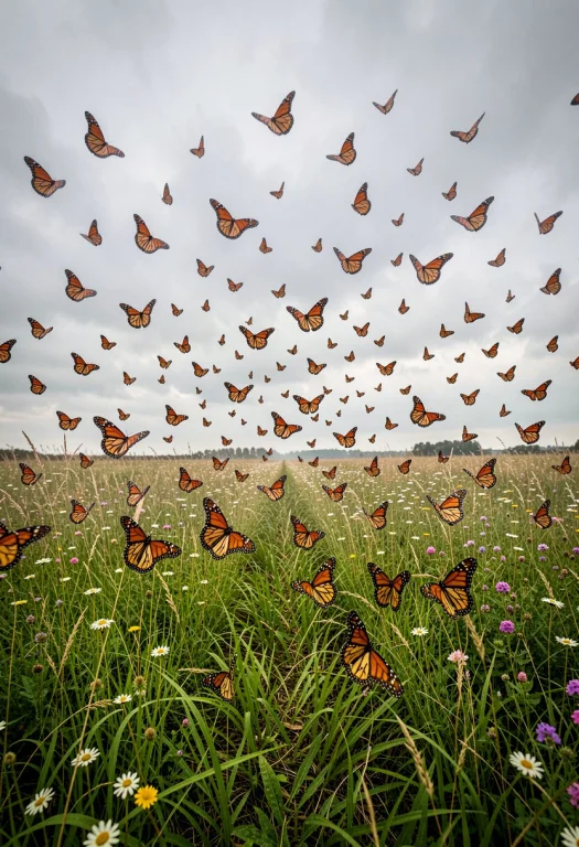 A Cloud Of Monarch Butterflies Over A Meadow, Overcast Light...