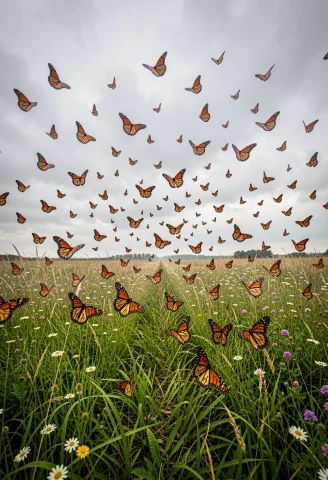 A Cloud Of Monarch Butterflies Over A Meadow, Overcast Light... — Stable Diffusion AI Prompt: a cloud of monarch butterflies over a meadow, overcast light, wide angle lens, l...