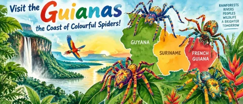 Visit The Guianas, The Coast Of Colourful Spiders Colorful C... — Stable Diffusion AI Prompt: "Visit the Guianas, the Coast of Colourful Spiders!" colorful Caribbean style Wa...