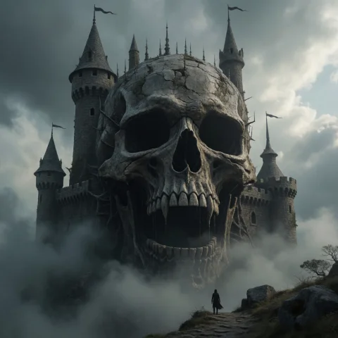An Evil Castle In The Shape Of A Skull Partially Obscured By... — Stable Diffusion AI Prompt: an evil castle in the shape of a skull partially obscured by clouds
