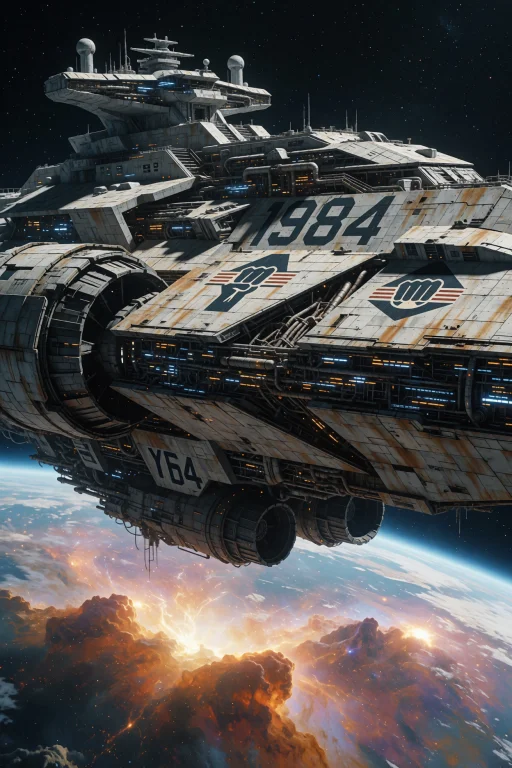 A Colossal Starship Marked With The Number 1984 And A Fist I...