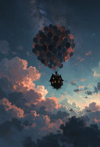 Ta86wistfall, A Small Old Wooden House Floating High Above A... — Stable Diffusion AI Prompt: ta86_wistfall, a small old wooden house floating high above a vast sea of clouds...