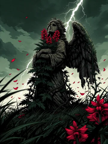 A Dark Botanical Gothic Illustration Of A Weeping Stone Ange... — Stable Diffusion AI Prompt: a dark botanical gothic illustration of a weeping stone angel statue with a crac...