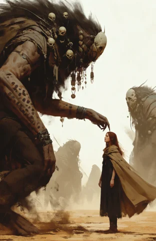 A Massive, Hulking Creature Dominates The Left Foreground, L... — Stable Diffusion AI Prompt: A massive, hulking creature dominates the left foreground, leaning its heavy wei...