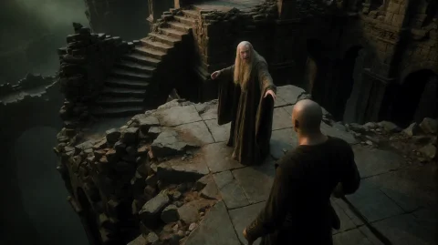 Hbbtdsltns2013, An Elderly Figure With Long Gray Hair And A... — Stable Diffusion AI Prompt: hbbtdsltns2013, An elderly figure with long gray hair and a flowing robe stands...
