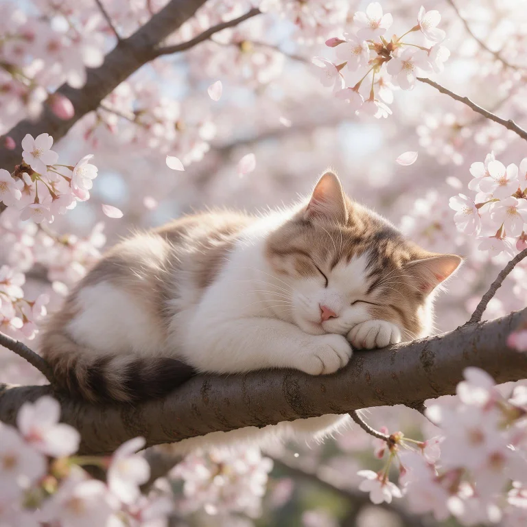 A Cute, Fluffy Domestic Cat Sleeping Peacefully On A Sturdy...