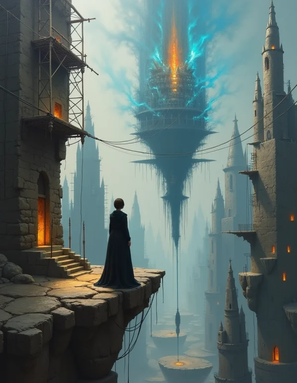 A Surreal Oil Painting Depicting An Endless City Where Giant...
