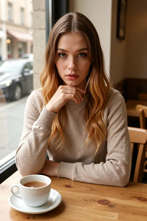 Maren Sits At A Cafe Table By The Window, Brown-to-blonde Ha...