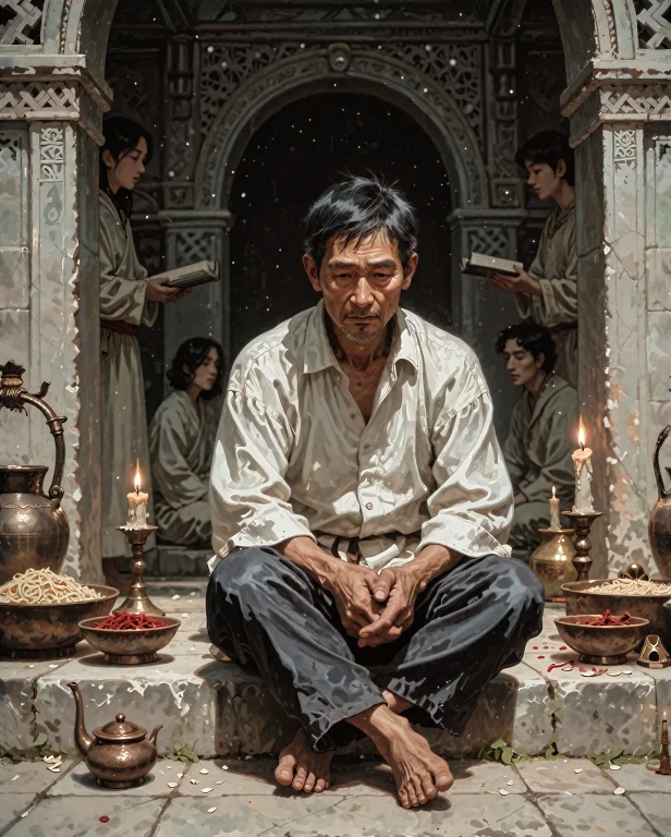 A East Asian Male, Short Black Hair, Slim Build, Middle-aged...