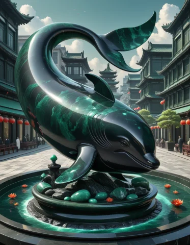 A Whale In A Fountain In A City Square Dark Green Obsidian J... — SDXL AI Prompt: A whale in a fountain in a city square dark green obsidian jade style, lazypos,...