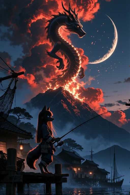 Cinematic Japanese Mythological Fantasy Landscape, Viewed Fr...