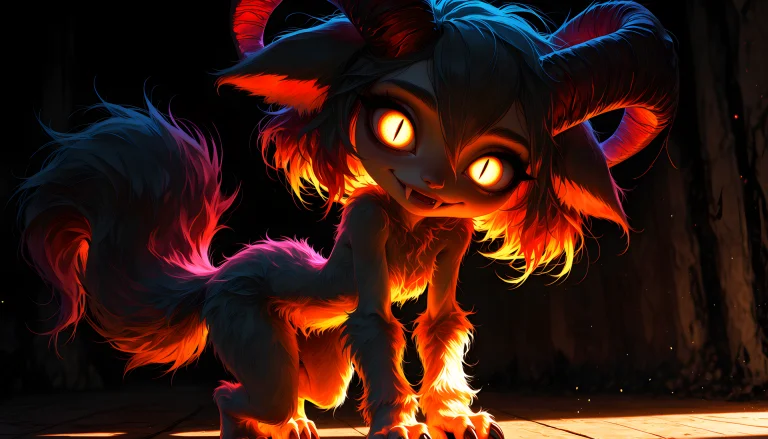 1girl, A Multicolored Fiery Demon Standing In Shadows With G...
