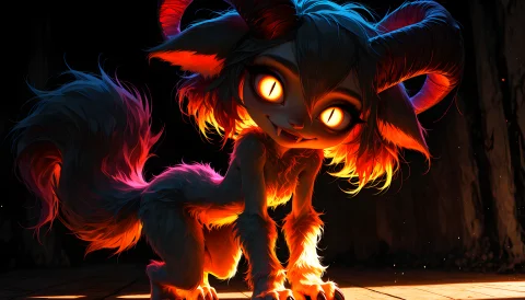 1girl, A Multicolored Fiery Demon Standing In Shadows With G... — Stable Diffusion AI Prompt: 1girl, a multicolored fiery demon standing in shadows with giant twisted horns....