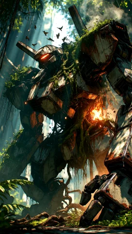 A Cinematic Low-angle Shot Of A Derelict Mecha Being Slowly... — Stable Diffusion AI Prompt: A cinematic low-angle shot of a derelict mecha being slowly reclaimed by a jungl...