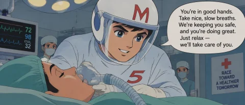 Original Art Style Retro Japanimation. Speed Racer Is Ventil... — Stable Diffusion AI Prompt: original art style retro Japanimation. Speed Racer is ventilating a simpatient i...