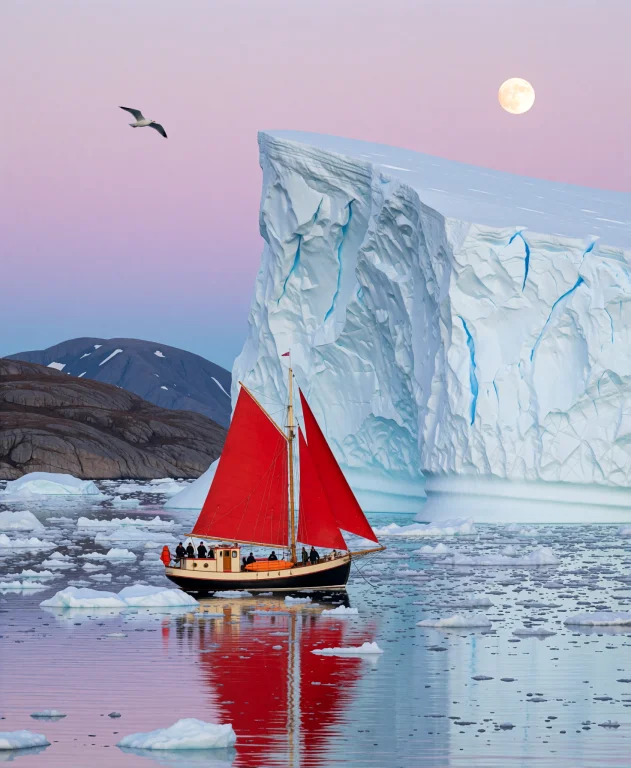 A Small Red-sailed Ketch Anchored Among Floating Ice Beneath...