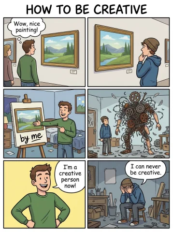 Create A Two Side Comic Comparison On How To Be Creative. Th... — Stable Diffusion AI Prompt: Create a two side comic comparison on how to be creative. The title reads "How t...