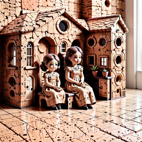 A Cork Doll House With Cork Furniture And A Cork Family In A... — SDXL AI Prompt: a cork doll house with cork furniture and a cork family in a girls room, The cla...